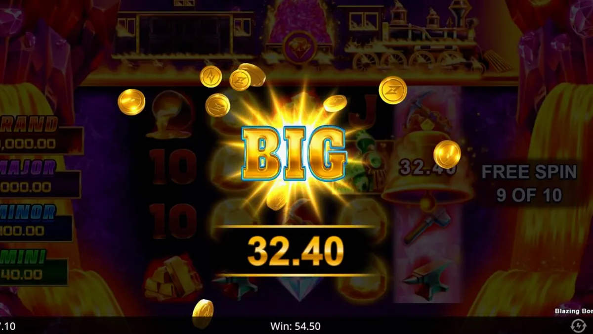 Pemandangan visual slot Blazing Bonanza Rush Express dengan tema tambang emas dan kereta api.