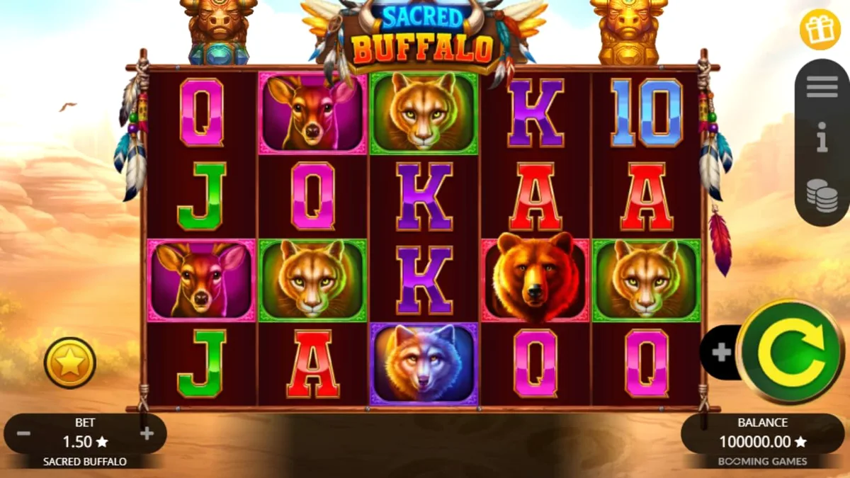 Tampilan visual slot Sacred Buffalo dengan latar belakang dataran Barat yang megah